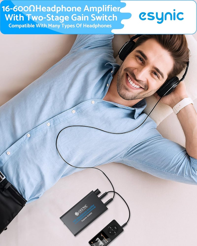 eSynic 16-600Ω Headphone Amplifier Portable - HiFi 3.5MM Audio Headphone Amp Rechargeable with 2-Stage Gain Switch-Aluminum Alloy Case &12H Playtime-0.0005% THD for MP3/Phone/PC/Laptop/Car (3.5mm AUX) - Image 5